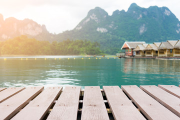 Wood floor perspective and natural mountain with bangkaro (Floating house)