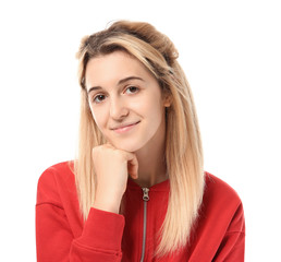 Pretty teenage girl posing on white background