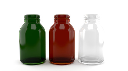 Colored green, red and white glass bottles isolated on white background.