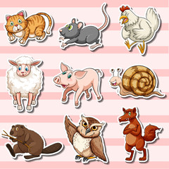 Fototapeta premium Sticker set with cute animals on pink background