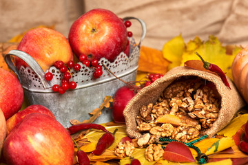 Nuts in a sack, fruits and vegetables on fallen leaves background, autumn season
