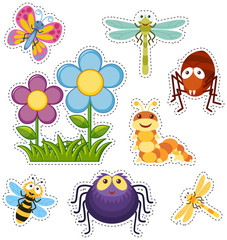 Fototapeta premium Sticker set with flowers and bugs