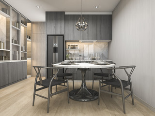 3d rendering white modern and luxury design kitchen with dining table and shelf