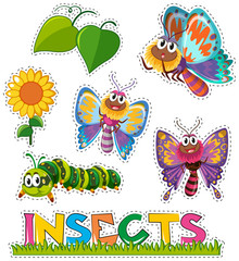 Sticker set with butterflies in garden