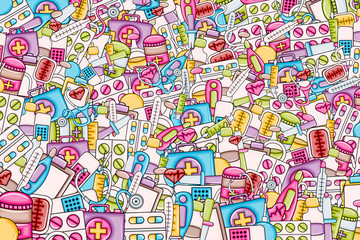 Healthcare concept in 3d cartoon doodles background design. Hand drawn colorful vector illustration.