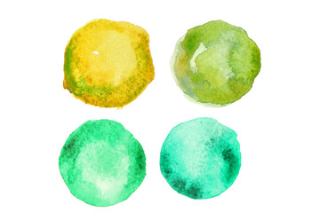 Green watercolor paint in shape of circles on white background