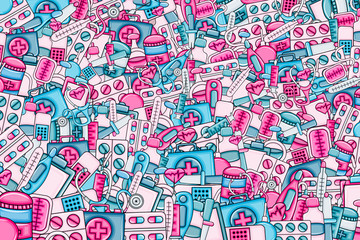 Obraz premium Healthcare concept in 3d cartoon doodles background design. Hand drawn colorful vector illustration.