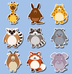 Sticker set with many animals on blue
