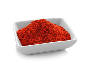 Bowl of goji powder, isolated on white