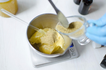 Moroccan soap preparation. Natural cosmetics recipe. Essential oils and herbal composition ingredients