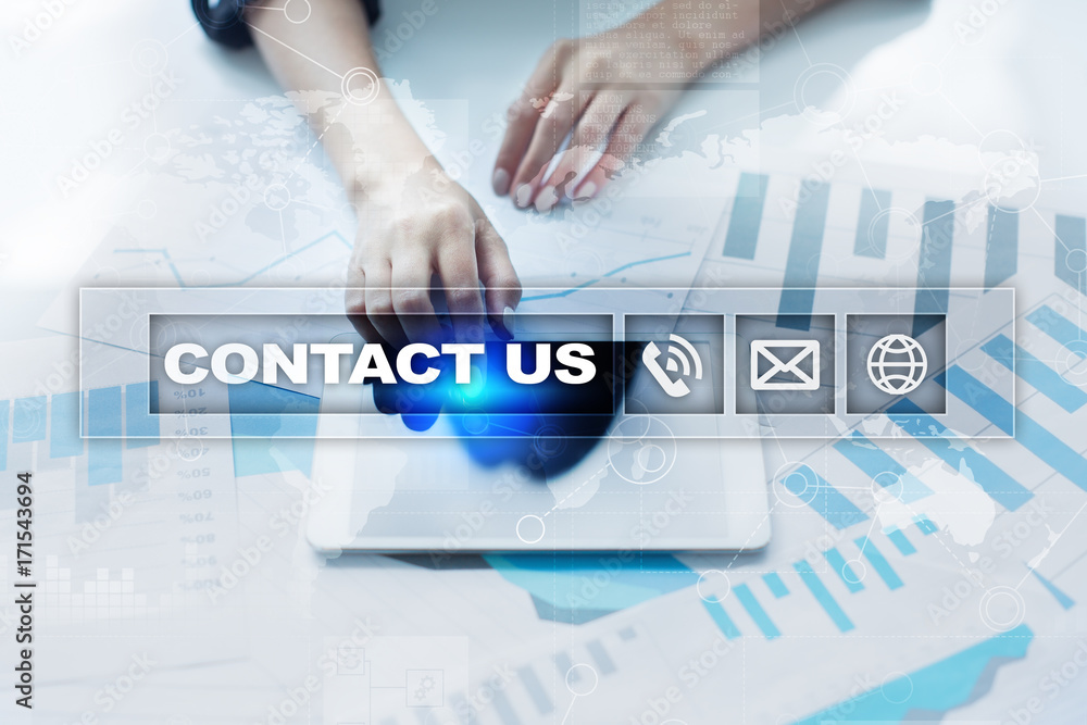 Aufkleber contact us button and text on virtual screen. business and technology concept.