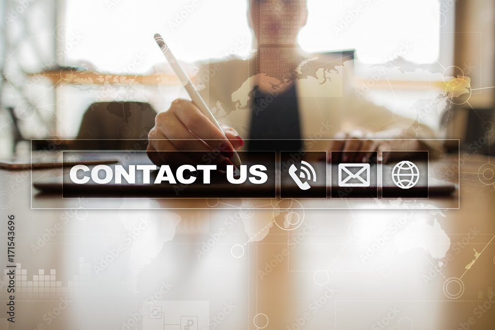 Poster contact us button and text on virtual screen. business and technology concept.