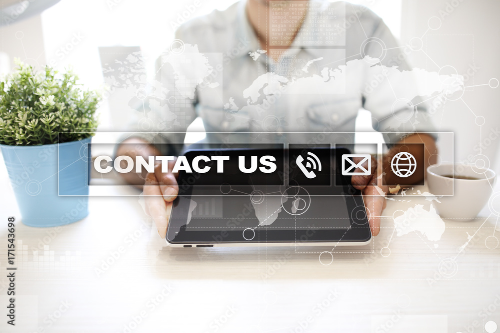 Poster contact us button and text on virtual screen. business and technology concept.