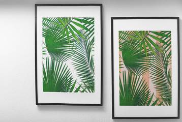 Framed pictures of tropical leaves on white wall