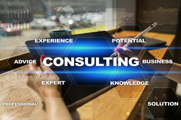 Consulting business concept. Text and icons on virtual screen.