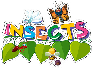 Sticker design for word insects with many bugs