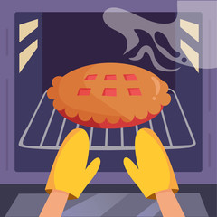 Pie in the oven. HVector. Cartoon.