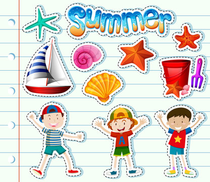 Sticker set with kids and summer items