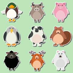 Sticker design for cute animals on green background