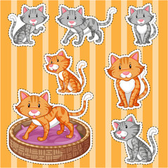 Sticker set with cute cats on yellow background
