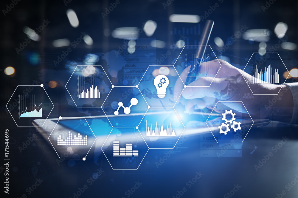 Poster applications icons and graphs on virtual screen. business, internet and technology concept.