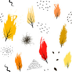 Autumn minimalist seamless pattern with colorful brush smears and black drawn.