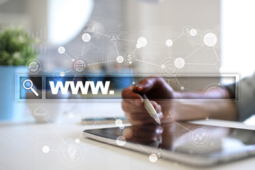 Search bar with www text. Web site, URL. Digital marketing. Business, internet and technology concept.