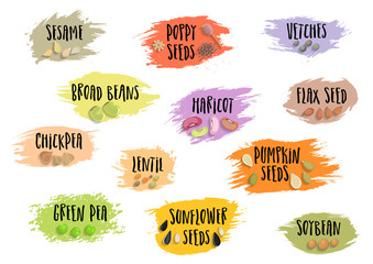 Vector set of trendy emblems with beans and seeds and black lettering. For packaging and advertising healthy food.