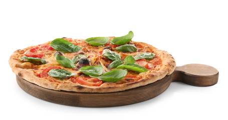 Delicious pizza with green fresh organic basil isolated on white