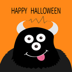 Happy Halloween card. Monster head with eyes, horns, tongue, electricity line. Black color. Funny Cute cartoon character. Baby collection. Isolated. Flat design. Orange background.