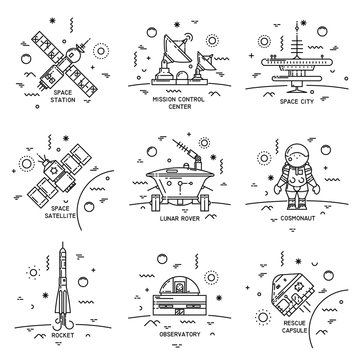 Vector set of thin line icons of cosmos equipment, machinery. Observatory, rescue capsule, lunar rover, cosmonaut, station, satellite, mission control center, rocket.