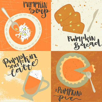 Vector set of square cards with hand-drawn images of pumpkin food and lettering. Soup, bread, spice latte and pie.