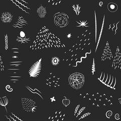 Vector seamless pattern of white silhouettes of hand drawn doodle natural patterns on black background.