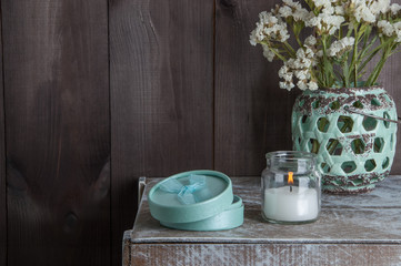 Bedroom decor on wooden background