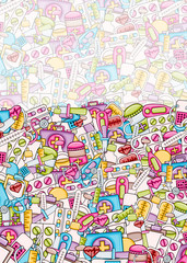 Healthcare concept in 3d cartoon doodles background design. Hand drawn colorful vector illustration.