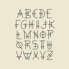 Modern uppercase geometric thin line font in medieval style. For music album covers,  hipster posters.