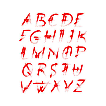 Alphabet vector set of red capital handwritten letters. Handwritten italic font of semi-dry brush smears in horror style.