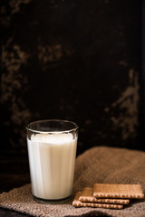 Glass of fresh farm milk with butter cookies stack on sack cloth and spoon by side, rural scene in rustic style and dark background with clay pot, organic breakfast, diary product, copy space for text