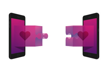 Two smartphone with jigsaw puzzle 3d and heart symbol set Love Disconnect concept idea illustration isolated on white background, with copy space