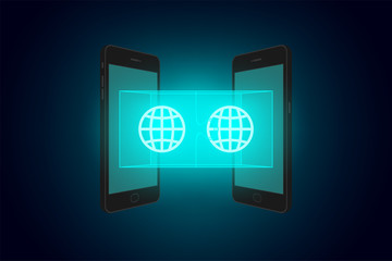 Two smartphone with jigsaw puzzle 3d and network symbol set Network Connect concept idea illustration isolated glow in the dark background, with copy space