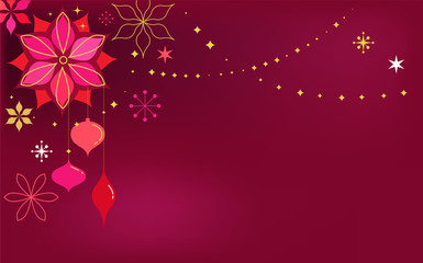 Christmas red classic background, greeting card, banner with xmas flowers, ornaments and lettering