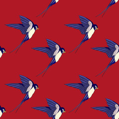 Swallow, birds. Colorful seamless pattern, background.
