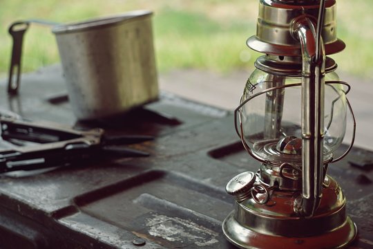 Old lantern and cup.