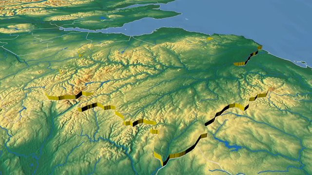 Scottish Borders - United Kingdom Scotland, region extruded. Bumps shaded
