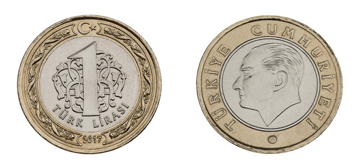 Turkish coin currency one lira made of 8,20 gram nickel and copper zinc alloy isolated.     