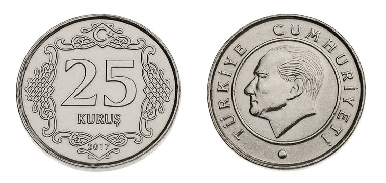 Turkish coin currency twenty five Kurus made of 4 gram nickel and copper zinc alloy isolated.     