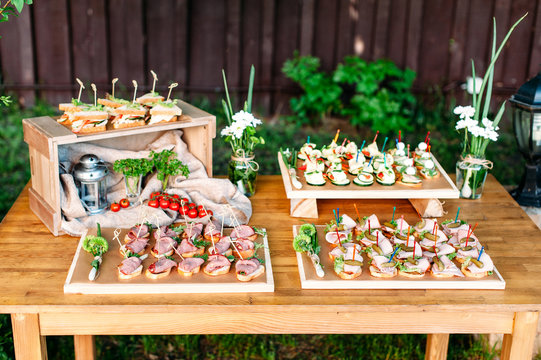 Delicious catering banquet buffet table decorated in rustic style in the garden. Different snacks and sandwiches. Outdoor.