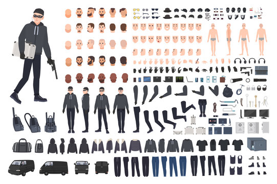Thief, burglar or robber DIY kit. Collection of flat male cartoon character body parts in different positions, skin types, clothing and accessories isolated on white background. Vector illustration.