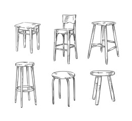 Set of hand drawn stools, vector sketch