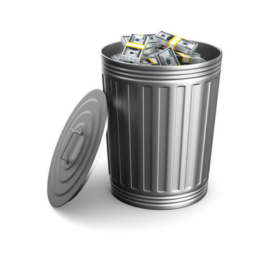 Garbage basket with dollars on white background. Isolated 3D illustration